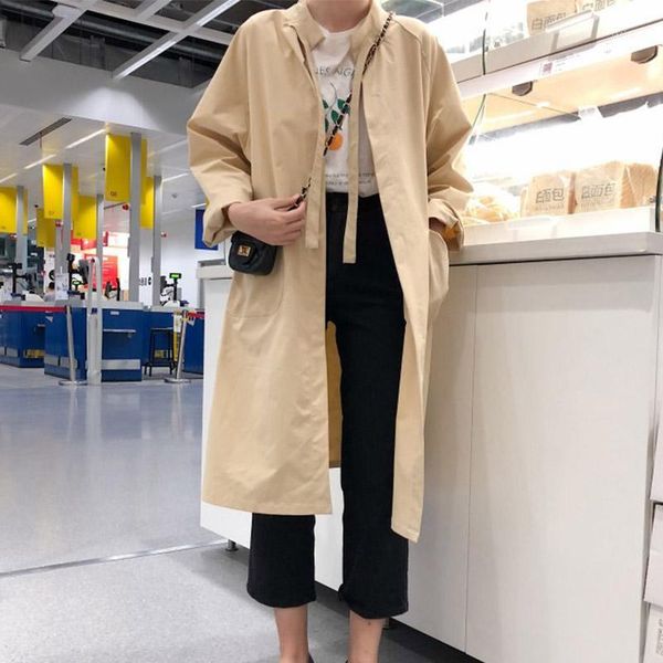 

2019 new korean version chic loose shirt coat spring long sleeve solid color vintage long windbreaker jacket female cc7051, Tan;black
