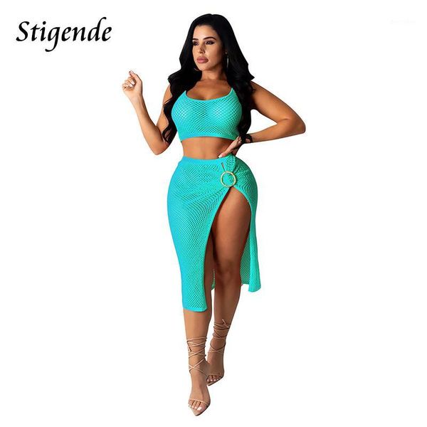 

women's swimwear stigende women summer 2 piece beach cover up hollow out two swimsuit crop tank high split skirt beachwear tunic1, White;black