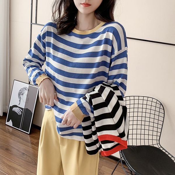 

pattern contrast color t-shirt autumn 2020 new women's stripes show thin long sleeve foreign style sun coat t-shirt proof cover up t, White;black