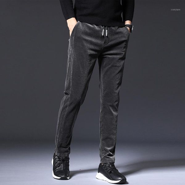

korean style fashion casual men jeans elastic slim fit business corduroy trousers vintage designer smart velvet warm pants homme1, Blue