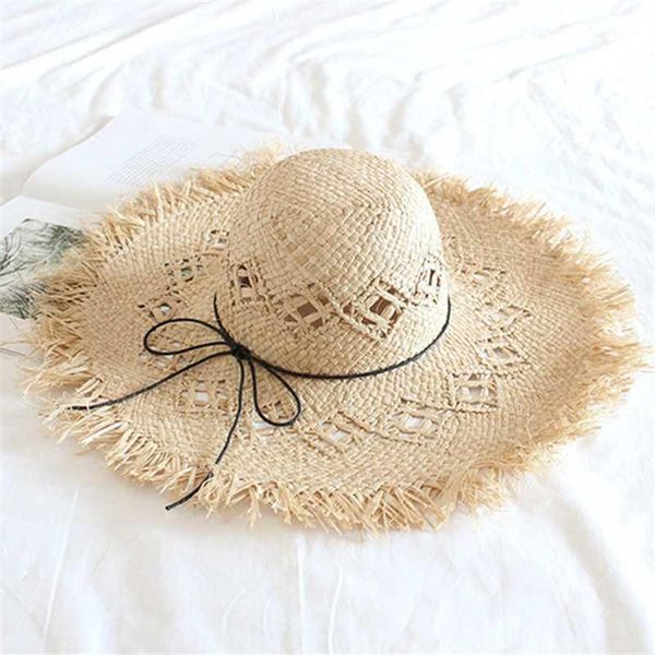 

super lafite straw hat wide-brimmed grass female summer cap hollow manual beach visor outdoor holiday beach sun protection hat1, Blue;gray