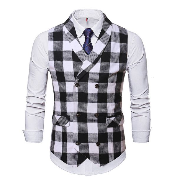 

fashionable business casual men's plaid double breasted suit vest, Black;white