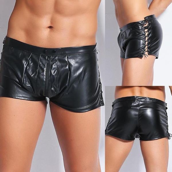 

night club men side lace up zip faux leather boxers exotic shorts1, White;black