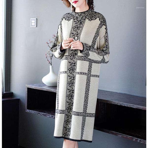 

2020 winter vintage casual floral midi sweater dresses autumn women plus size long sleeve dresses elegant bodycon party vestidos1, Black;gray