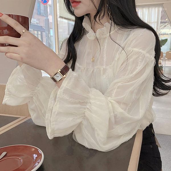

omg so stunning wrinkled ruffles flare sleeve shirt women transparent blouse spring chemise femme blusa mujer camisa1, White