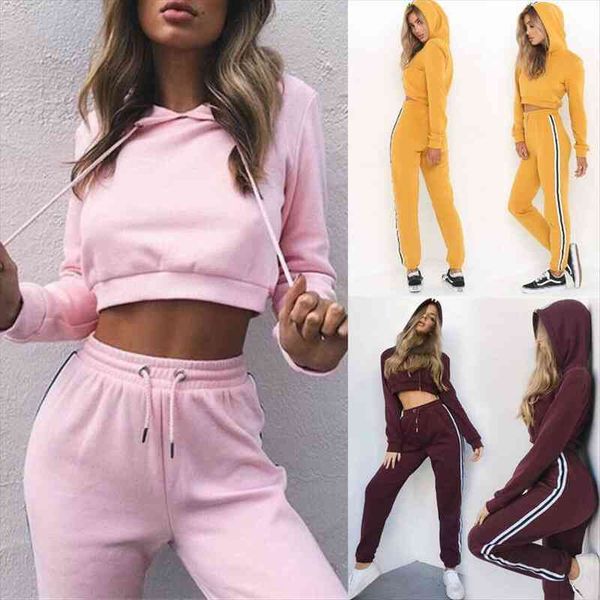 

2pcs womens tracksuit hoodie set sweatshirt crop long pantscasual set sports sweat suit leisure wear, White