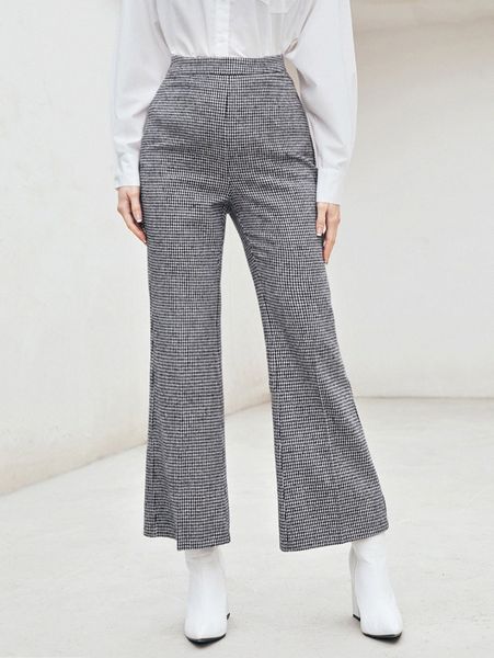 

high waist houndstooth flare leg pants 21t2#, Black;white