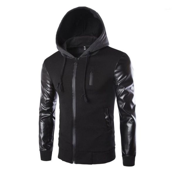 

winter jacket men pu leather patchwork men's jackets punk style autumn fashion coats men outerwear hooded male clothing, Black;brown