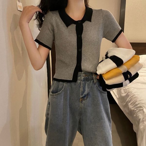 

design sense stitching color contrast polo collar short sleeve t-shirt cardigan t-shirt for women s1kpz, White