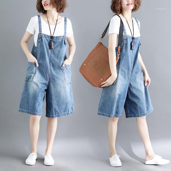 

denim straps shorts female summer 2020 new retro loose plus size students wild wide leg shorts jumpsuit casual overall playsuit1, Black;white