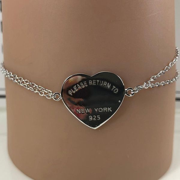 

chain love heart charm bracelet sterling silver925 classic logo stamp heart heart-shaped pendant lady bracelet brand jewelry, Golden;silver