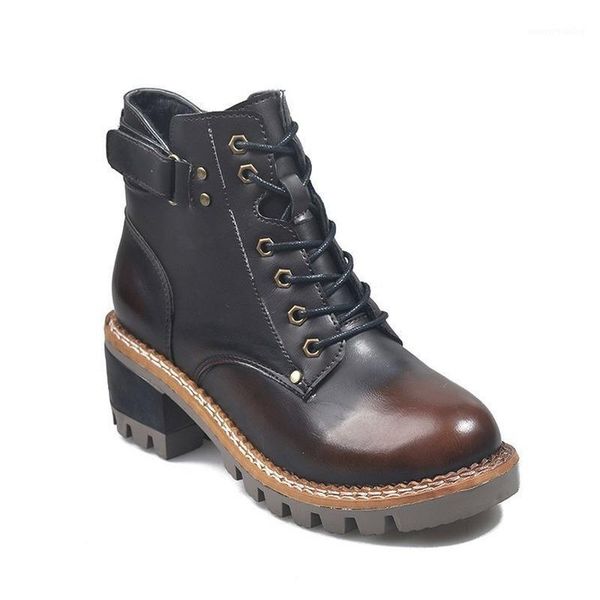 

autumn new winter boots women shoes woman leather boots female lace up square mid heels ankle thick bottom platform shoes1, Black