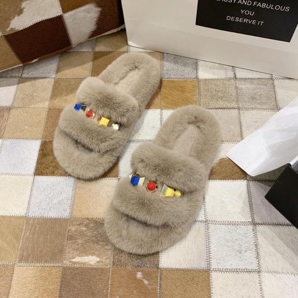 

slippers fur women 2021 autumn winter fashion wear word drag plush flat bottom non-slip home indoor cotton female, Black