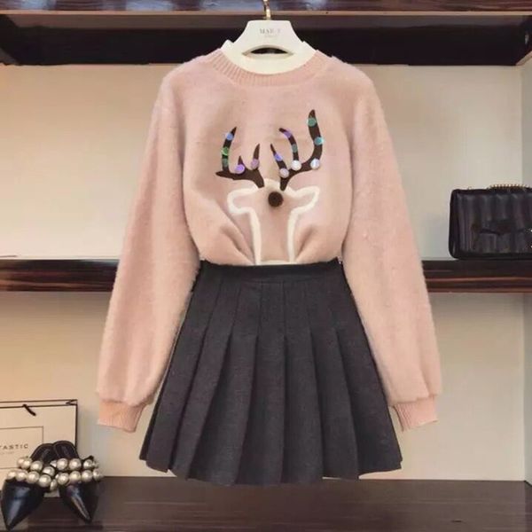 

harajuku preppy style deer pattern sequined pullover pink sweatshirt and pleated skirt sets 2019 autumn winter chic skirt set t200325, White