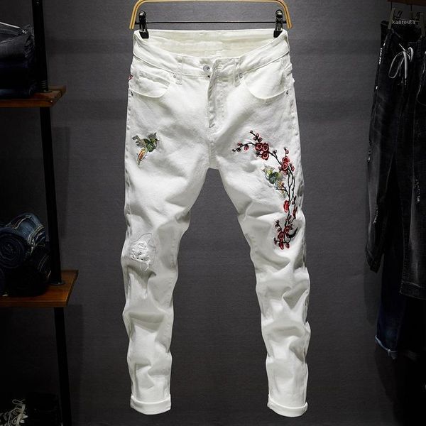 

embroidery elastic jeans hole straight destroyed jeans casual slim ripped printed men trousers denim black white blue1, Blue