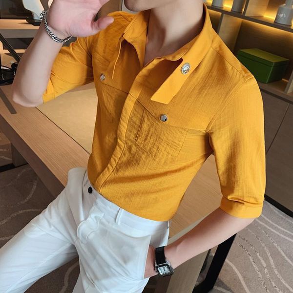 

british style solid color shirt slim fit men casual shirts prom club tuxedo dress 3xl summer men dress half sleeve shirt yellow1, White;black