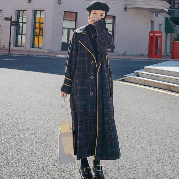 

plaid woolen women's long section autumn and winter new style small size popular temperament british style woolen coat women1, Tan;black