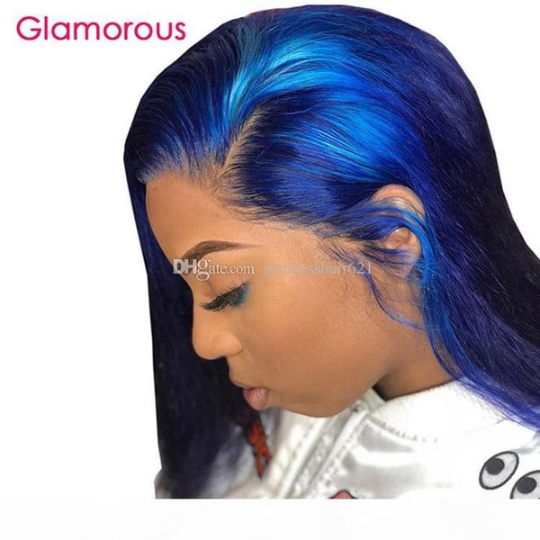 

remy human hair blue lace front wig 150% density short bob wig with baby hair, Black;brown