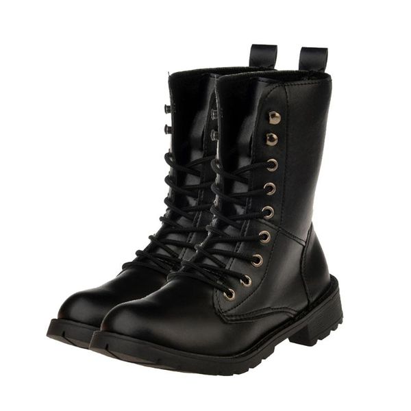 

stock women pu leather mid-calf boots outdoor lace up shoes motorcycle shoes, Black