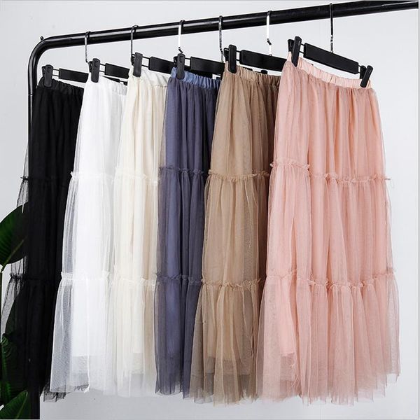 

summer tulle pleated skirts women fashion patchwork long skirt elastic high waist solid hollow out large size women skirt, Black