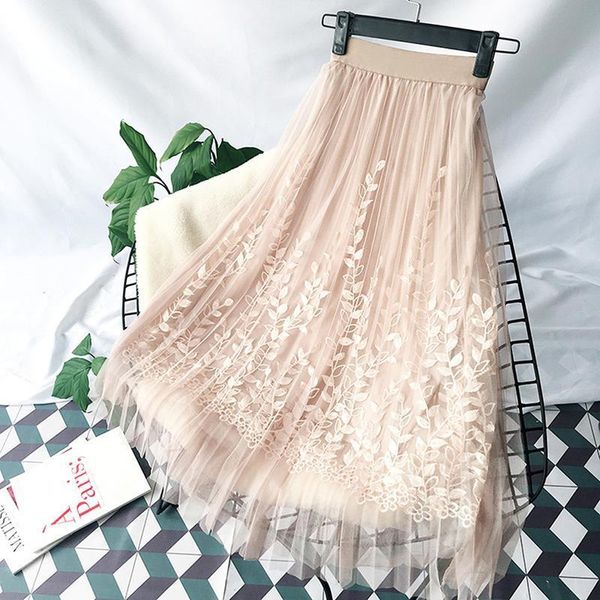 

women floral embroidery a line skirt tutu mesh skirt faldas mujer moda 2019 elegant tulle long pleated skirt women midi, Black