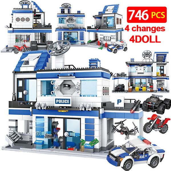 

746pcs city police station building blocks military helicopter swat ww2 car team bricks educational toys children 1008