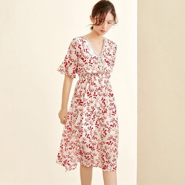 

v-neck elastic waist mulberry silk fashion big skirt dressdress dressprinted silk dress spring and summer new women's clothing temperam, Black;gray