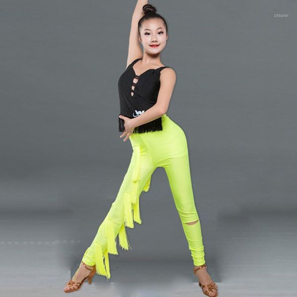 

stage wear latin dance dress girls practice costumes tango rumba cha samba dancing black tassel vest fluorescent green pants dn60121, Black;red