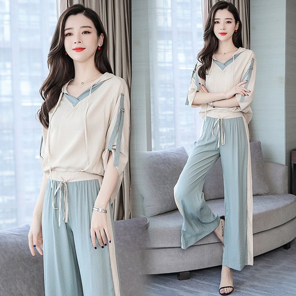

women's spring autumn fashion v-neck hooded solid color high waist casual wide leg pants two piece set, Gray