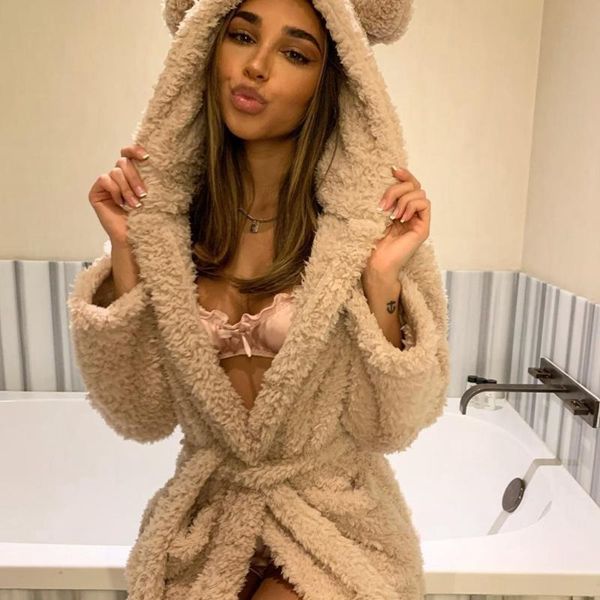 

women's sleepwear winter women long sleeve hooded night-robe solid color fluffy fashion thick belted loungewear for ladies, Black;red