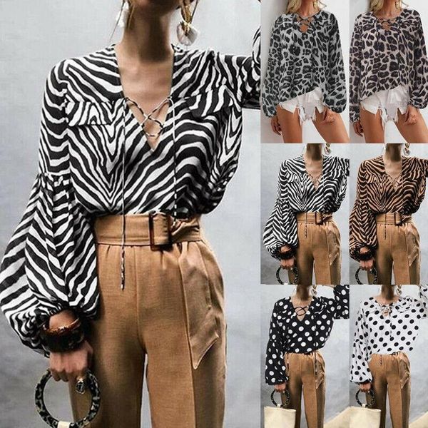 

elegant womens shirts lady polka dot striped leopard print v neck long sleeve loose blouse fashion lantern sleeve shirt lot, White