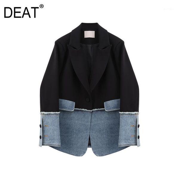 

women's suits & blazers [deat] women denim spliced hit color split blazer lapel long sleeve loose fit jacket fashion tide spring autumn, White;black