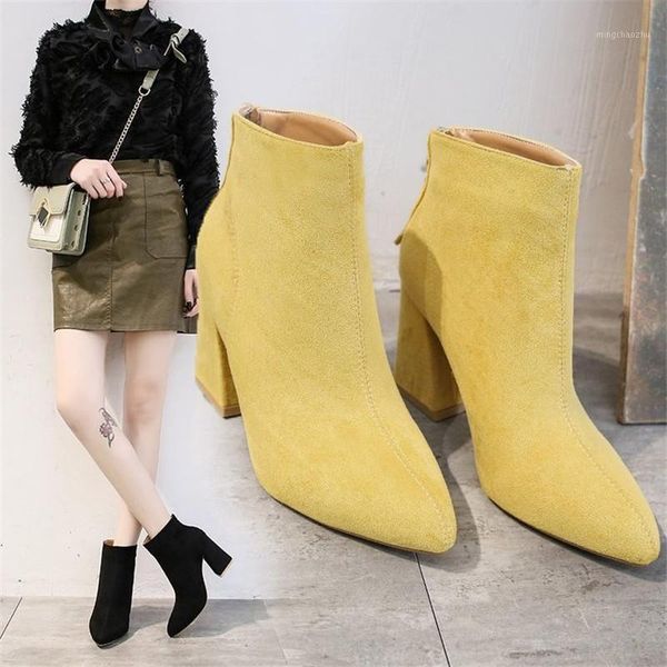 

boots 2021 autumn winter high heels women british style pointed wear-resistant non-slip comfortable warm woman suede boots1, Black