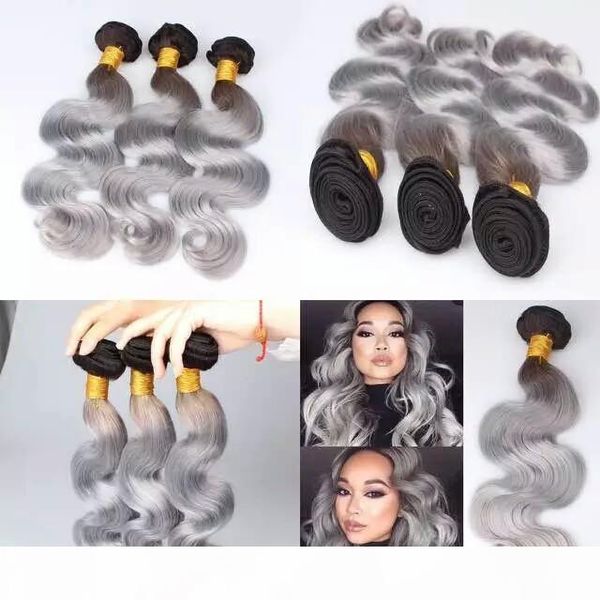 

malaysian brazilian indian peruvian cambodian virgin hair body wave silver ombre hair extensions 3 pcs ombre grey human hair bundles, Black
