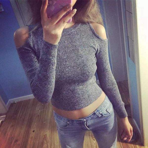 

wholesale-2016 autumn off shoulder knitted sweate women crop fitness pullover solid casual short sweaters elastic 16811, White;black