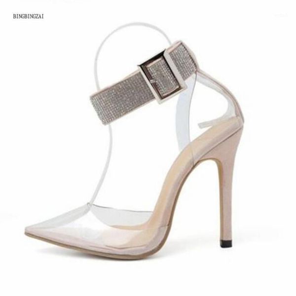 

sandals 2021 women's transparent rhinestones genuine pointed buckle shoes 12cm stilettos 4- 11bbzai1, Black