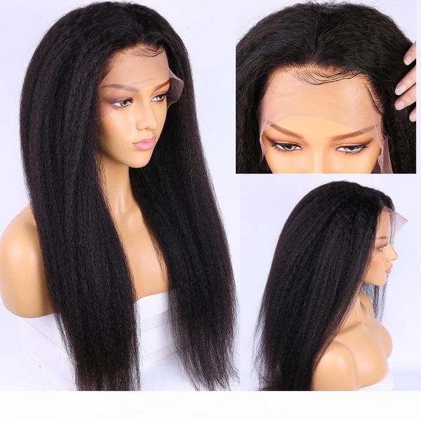 

полный парик шнурка yaki волос kinky прямая pre щипковых glueless итальянский яки lace фронтальная парики бразильский реми волос, Black;brown