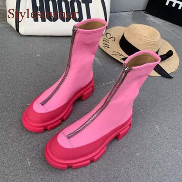 

boots pink white black fashion front zipper mid-tube short genuine leather thick-soled round toe thick-heel woman