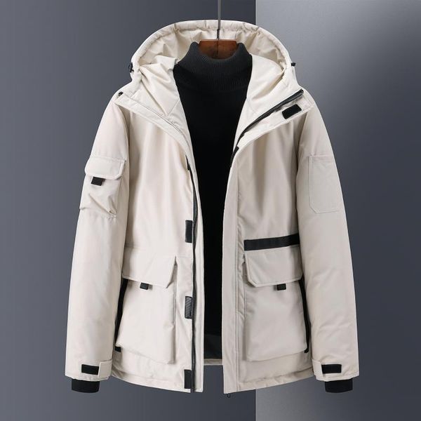 

winter men jacket 90% white duck down coats fashion big pocket hooded coat thick warm waterproof casual overcoat couple clothing, Black