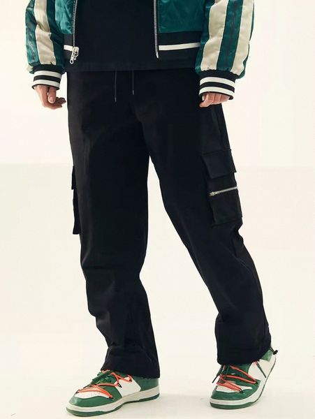 

men zip detail utility pocket drawstring waist pants g9no#, Black