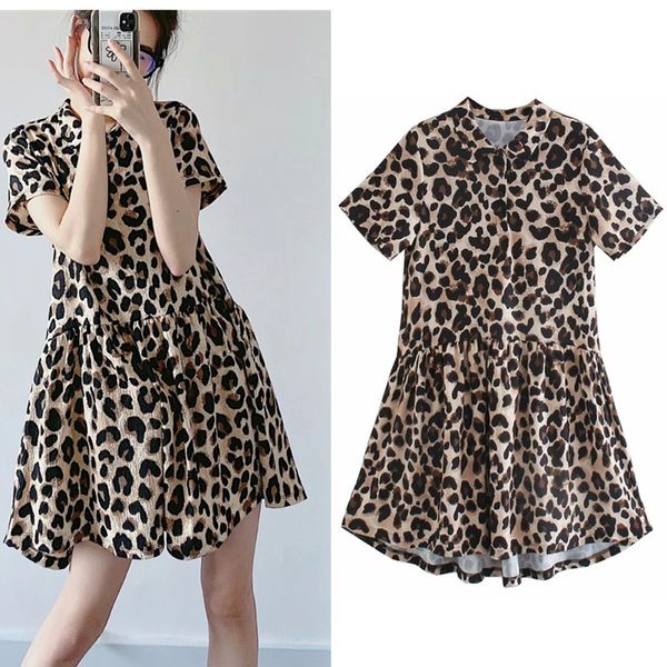 

2021 new women textured button leopard dress woman summer fashion animal print collared short sleeve ladies dresses ivji, Black;gray