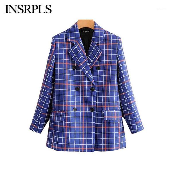 

insrpls women vintage stylish double breasted plaid blazer coat long sleeve pockets office wear female outerwear chic 1, White;black