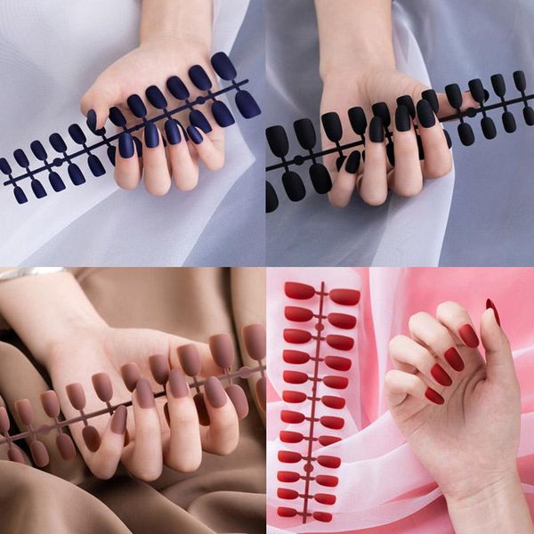 

24 pcs/set fake nail tips full cover pink blue black mixed colors matting effect natural abs artificial nail art design nails ottie, Red;gold