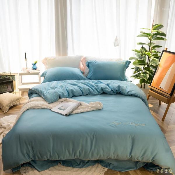

prussian blue bedding set tencel duvet cover set long-staple cotton pillowcases  king size bed bed linen 4pcs 2020 new1