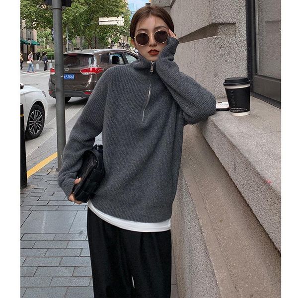 

new high neck sweater women's autumn winter korean retro lazy two wear loose pullover versatile zipper sweater, White;black
