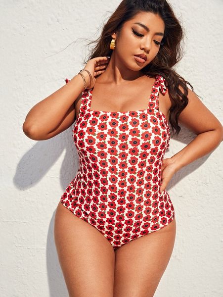 

plus allover floral tie shoulder one piece swimsuit 204a#, Black