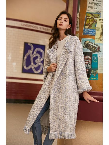 

autumn winter 2021 new medium length tweed coat thick windbreaker 12191, Black