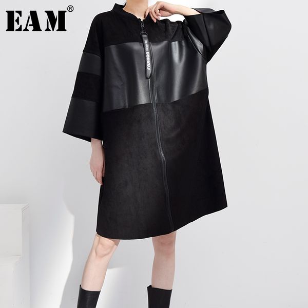 

[eam] loose fit pu leather big size jacket new stand collar three-quarter sleeve women coat fashion tide spring jc25301 201112, Black;brown