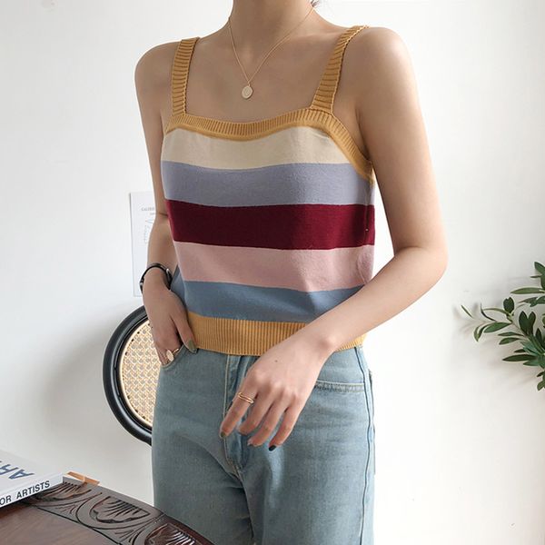 

2021 new sexy, sleeveless sweet will see crop mesh for rainbow ladies stripe vest women (f6223 gcrs, White