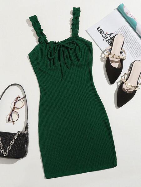 

frill trim strap knot front ruched bust dress f5mi#, Black;gray